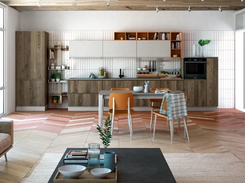 I colori della cucina Jey feel di Creo Kitchens sono richiamati in pareti, soffitti, pavimento